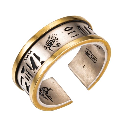 ForFox Zweifarbig 925 Sterling Silber Auge des Horus Ring mit Hieroglyphen Ägyptischer Schmuck für Herren Damen Offen und Verstellbar 7mm Größe M von ForFox