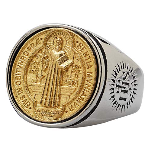 ForFox Kupfer und Titan Edelstahl Heiliger Benedikt Medaille Ring mit Kreuz Exorzismus Ring Siegelring Katholischer Schmuck für Herren Damen Größe 56 von ForFox