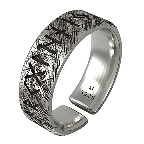 ForFox Schwarzer 925 Sterling Silber Elder Futhark Runen Ring Nordischer Wikinger Schmuck für Herren Damen Offen und Verstellbar Größe L von ForFox