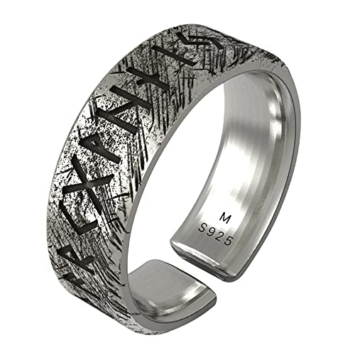 ForFox Schwarzer 925 Sterling Silber Elder Futhark Runen Ring Nordischer Wikinger Schmuck für Herren Damen Offen Verstellbar Größe S von ForFox