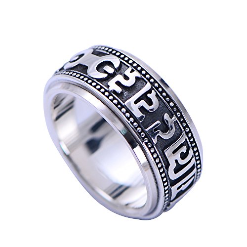 ForFox Herren Damen Schwarz 925 Sterling Silber Buddhismus Om Mani Padme Hum Mantra Spinner Ring Band 10mm Größe 55 von ForFox