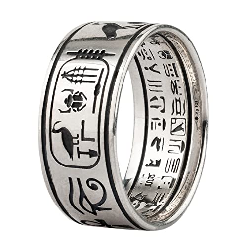 Retro 925 Sterling Silber Ägyptischer Hieroglyphen Ring mit Anubis Horus Ankh Sphinx Skarabäus Pharao Sonne Bandring Schmuck für Herren Damen Größe 54 von ForFox