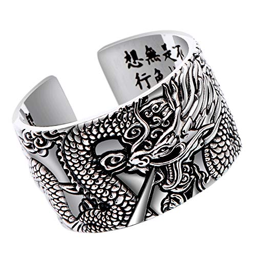 ForFox Vintage 999 Sterling Silber Chinesischer Drachen Ring mit Herz Sutra für Herren Damen Offen und Verstellbar von ForFox