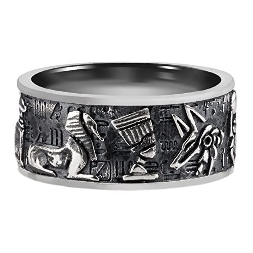 ForFox Vintage Schwarzer 925 Sterling Silber Ägyptischer Ring Bandring Geprägter Ankh Anubis Horus Skarabäus Pharao Sphinix für Herren Damen Größe 56 von ForFox