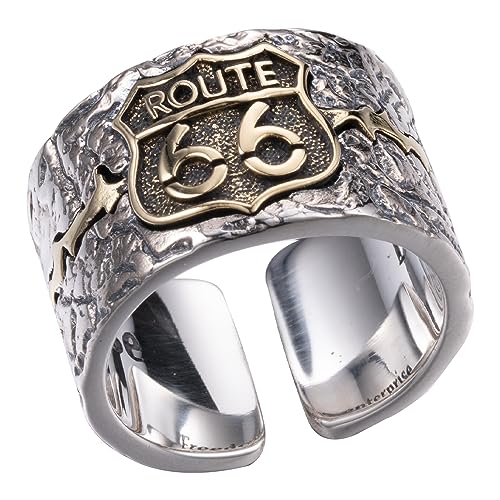Punk 925 Sterling Silber USA Route 66 Ring für Herren Offen Verstellbar von ForFox