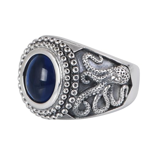 ForFox Oktopus Ring für Herren 925 Sterling Silber Seeungeheuer Kraken Tintenfisch Ring mit Blauem Stein Offen Verstellbar von ForFox