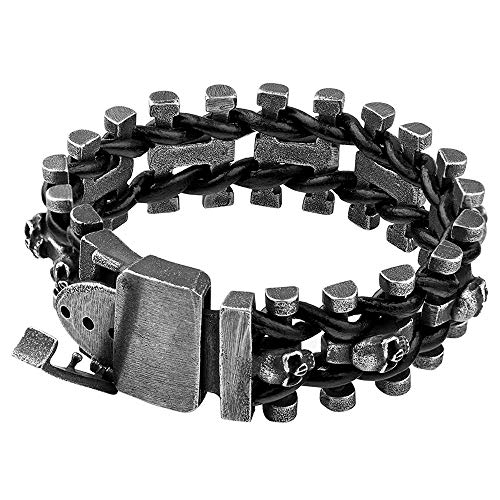 Punk Schwarz Breit Titan Edelstahl Totenkopf Leder Armband für Herren 22cm von ForFox
