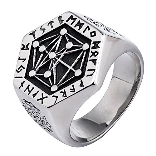 ForFox Punk Titan Edelstahl Zehn Sephirot Kabbalah Baum des Lebens Ring mit Viking Runen für Herren Damen Größe 64 von ForFox