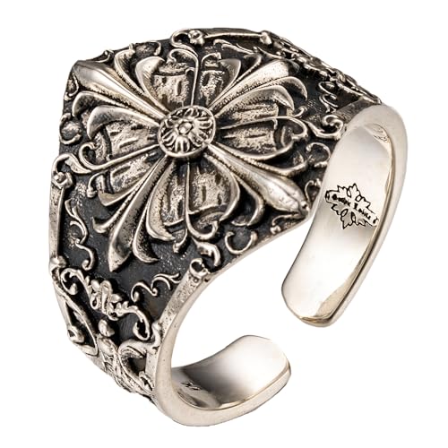 ForFox Retro 925 Sterling Silber Fleur de Lis Kreuz Ring Baroque Blumen Ring für Herren Damen Offen Verstellbare Größe L von ForFox