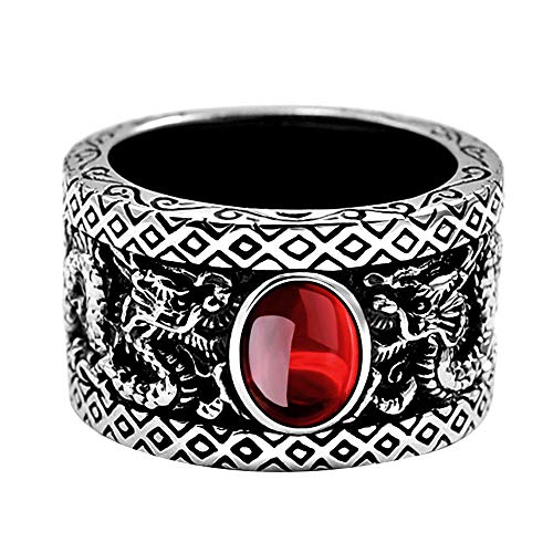 ForFox Schwarz 925 Sterling Silber Orientalische Doppelt Drachen Ring mit Roter Granat Vintage Chinesischer Drachenring Schmuck für Herren Damen Größe 59 von ForFox