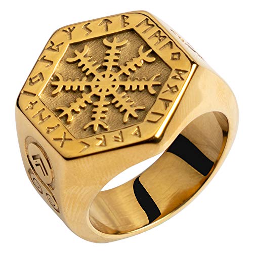 ForFox Titan Edelstahl Aegishjalmur Der Helm der Ehrfurcht Ring Siegelring Nordischer Wikinger Schmuck für Herren Damen,Gold Ton,Größe 56 von ForFox