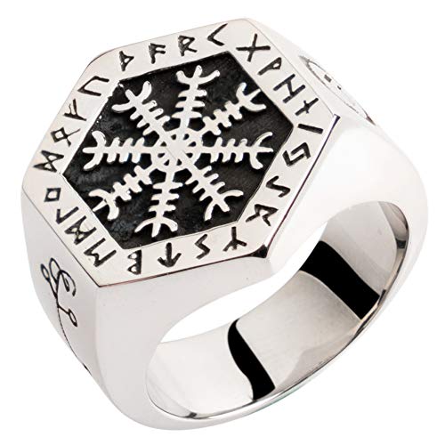 Titan Edelstahl Aegishjalmur Der Helm der Ehrfurcht Ring Siegelring Nordischer Wikinger Schmuck für Herren Damen,Silber Ton,Größe 56 von ForFox