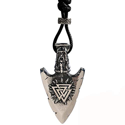 Titan Edelstahl Pfeilspitze Speerspitze Halskette Wachsseil mit Vegvisir Valknut Thor Anhänger Stahl Nordischer Wikinger Schmuck für Herren Damen,Silber von ForFox
