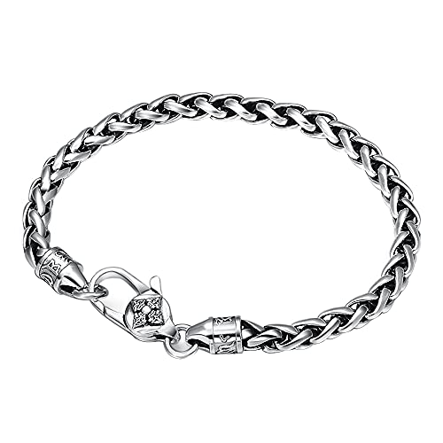 ForFox Vintage Echt 925 Sterling Silber Kettenarmband Weizenkette Armband mit Buddhismus Om Mani Padme Hum für Herren Damen 5mm 21cm von ForFox