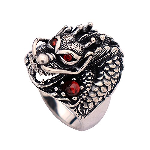 ForFox Vintage Schwarz 925 Sterling Silber Chinesischer Drachen Ring mit Roten Stein Drachenring Schmuck für Herren Damen Größe 58 von ForFox