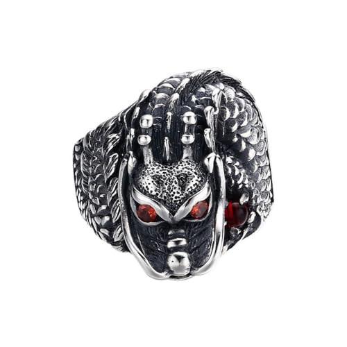 Vintage Schwarz 925 Sterling Silber Chinesischer Drachen Ring mit Roten Stein Drachenring Schmuck für Herren Damen Größe 62 von ForFox