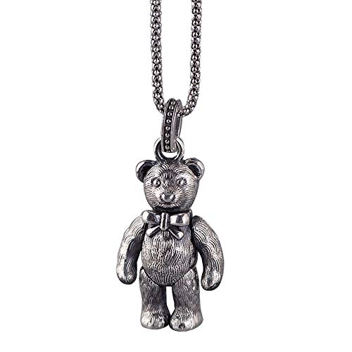 ForFox Vintage Schwarz 925 Sterling Silber Teddybär Halskette Kette mit Beweglicher Bär Anhänger für Herren Damen von ForFox