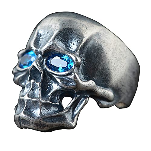 ForFox Vintage Schwarz 925 Sterling Silber Totenkopf Ring mit Blauen Augen Schädel Schmuck für Herren Damen Offen und Verstellbar von ForFox