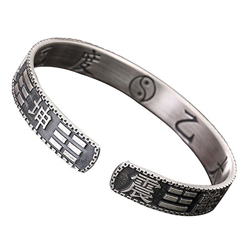 ForFox Vintage Schwarz 999 Sterling Silber Chinesischer Yin Yang Armreif Armband für Herren Damen 58 mm Verstellbar von ForFox
