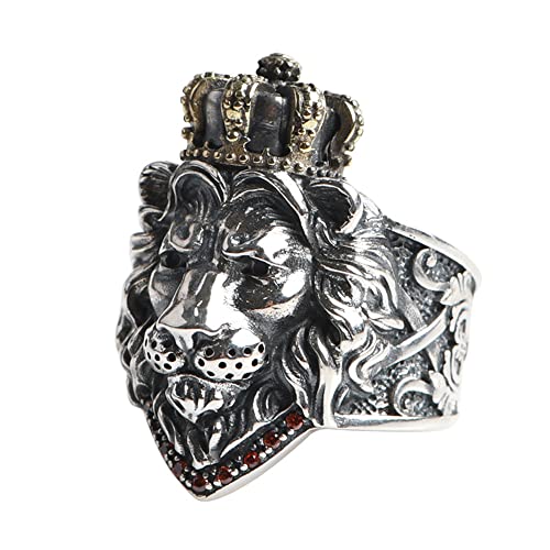 ForFox Vintage Zweifarbiger 925 Sterling Silber Löwen Ring mit Krone Löwenkopf Schmuck für Herren Jungen Offen und Verstellbar von ForFox