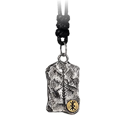 ForFox Wikinger 925 Sterling Silber Binden Runes Schutz Vegvisir Kompass Anhänger Halskette mit Hammer Textur für Herren Damen,Wachsseil von ForFox