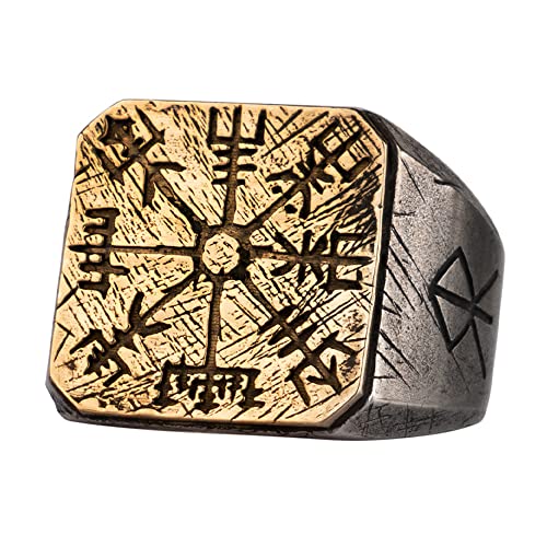 ForFox Wikinger Kompass Vegvisir Ring aus Kupfer und 925 Sterling Silber mit Nordischen Runen für Herren Damen Offen und Verstellbar von ForFox