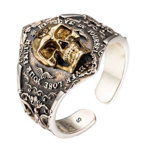 Goldener totenkopf ring 925 sterling silber ring mit fleur de lis für den kleinen finger für herren größe L verstellbar von ForFox