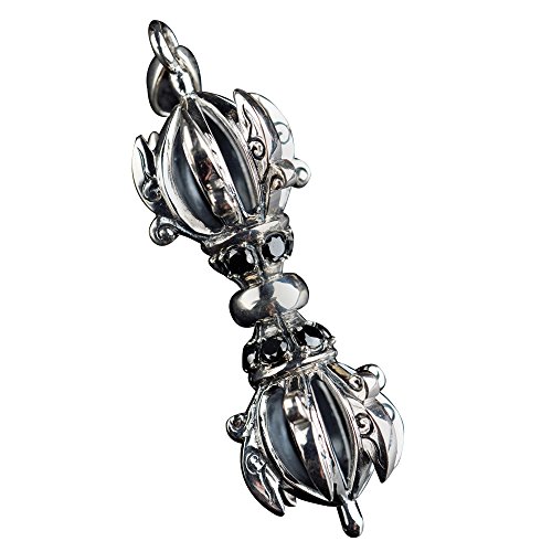 ForFox Vintage 925 Sterling Silber Vajra Dorje Anhänger mit Obsidian Steine Tibetische Buddhismus Schmuck für Herren Damen von ForFox