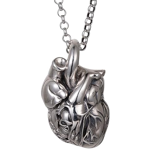 ForFox Massives 925 Sterling Silber 3D Anatomisches Herz Anhänger Halskette Menschliches Herz Organ Anhänger Charm mit Schädel für Herren Damen 60cm Kette von ForFox