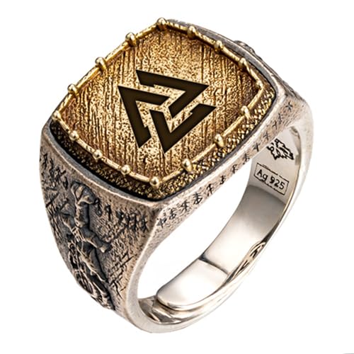 Odins knoten valknut ring zweifarbiger 925 sterling silber wikinger runen drachen schwert ring ordischer schmuck für herren damen größe 54 verstellbar von ForFox