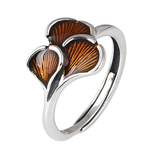 ForFox Retro 925 Sterling Silber Gelbe Epoxid Ginkgo Blatt Ring Ginkgo Biloba Ring Natur Schmuck für Damen Mädchen Offen Verstellbar von ForFox