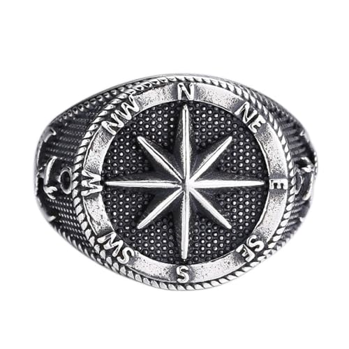 Retro 925 Sterling Silber Kompass Nautischer Stern Ring Marine Boot Anker Ring für Herren Offen Einstellbar von ForFox