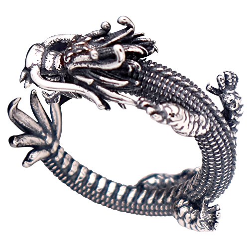 ForFox Vintage Schwarz 925 Sterling Silber Chinesischer Drache Ring mit Zirkonia Kleiner Fingerring für Herren Damen Offen und Verstellbar von ForFox