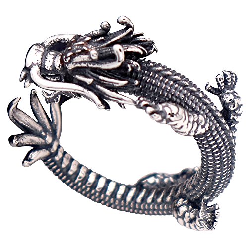 Vintage Schwarz 925 Sterling Silber Chinesischer Drache Ring mit Zirkonia Kleiner Fingerring für Herren Damen Offen und Verstellbar von ForFox
