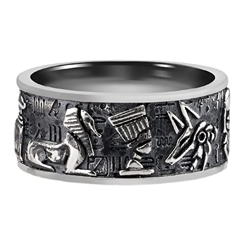 ForFox Vintage Schwarzer 925 Sterling Silber Ägyptischer Ring Bandring Geprägter Ankh Anubis Horus Skarabäus Pharao Sphinix Sonne für Herren Damen Größe 56 von ForFox