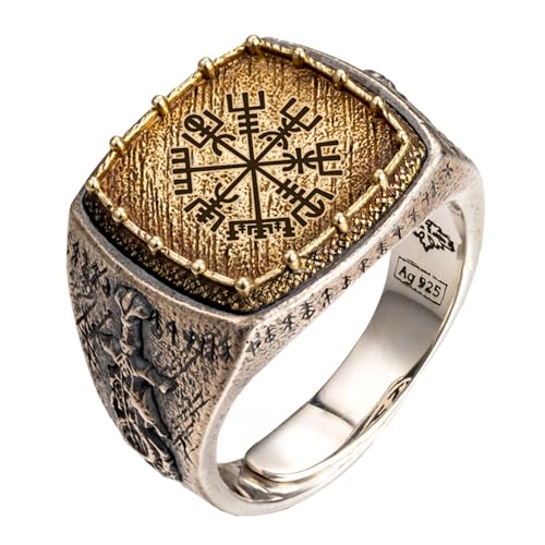 Wikinger kompass vegvisir ring zweifarbiger 925 sterling silber runen drachen schwert ring ordischer schmuck für herren damen größe 54 verstellbar von ForFox