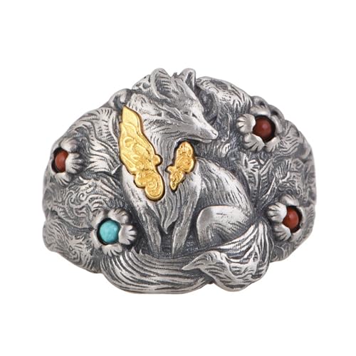 Zweifarbig 925 Sterling Silber Fuchs Ring mit Stein für Herren Damen Offen Verstellbar von ForFox
