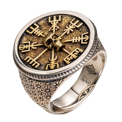 Zweifarbiger 925 sterling silber wikinger kompass vegvisir und totenkopf ring runder siegelring nordischer schmuck für herren größe 64 verstellbar von ForFox