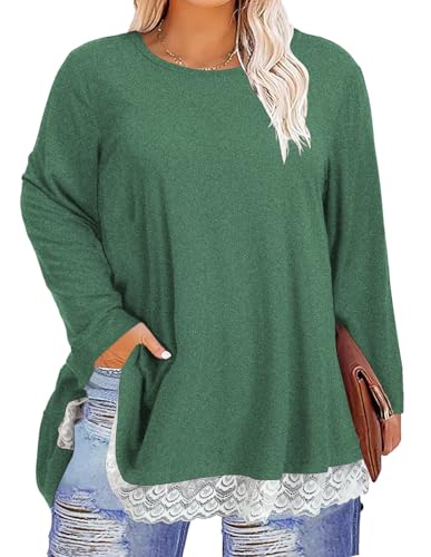 ForHailey Plus Size Shirts Für Frauen Langarm Spitze Tuniken Top Rundhals Loose Fit Flowy Swing Blusen, Grün , X-Large Plus von ForHailey