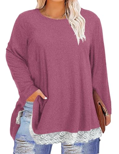 ForHailey Plus Size Shirts Für Frauen Langarm Spitze Tuniken Top Rundhals Loose Fit Flowy Swing Blusen, Rot/Ausflug, einfarbig (Getaway Solids), X-Large Plus von ForHailey