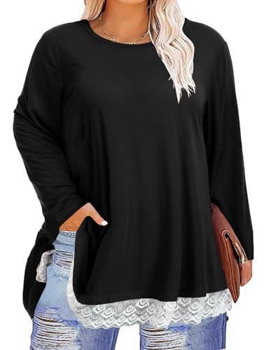 ForHailey Plus Size Shirts Für Frauen Langarm Spitze Tuniken Top Rundhals Loose Fit Flowy Swing Blusen, Schwarz, 3XL Mehr von ForHailey