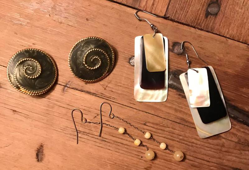 Jahrgang 1980 Teal Wirbeln Gelben Citrin Mutter Der Perle Onyx Durchbohrt Ohrring Trio Set von ForHerEarsOnly