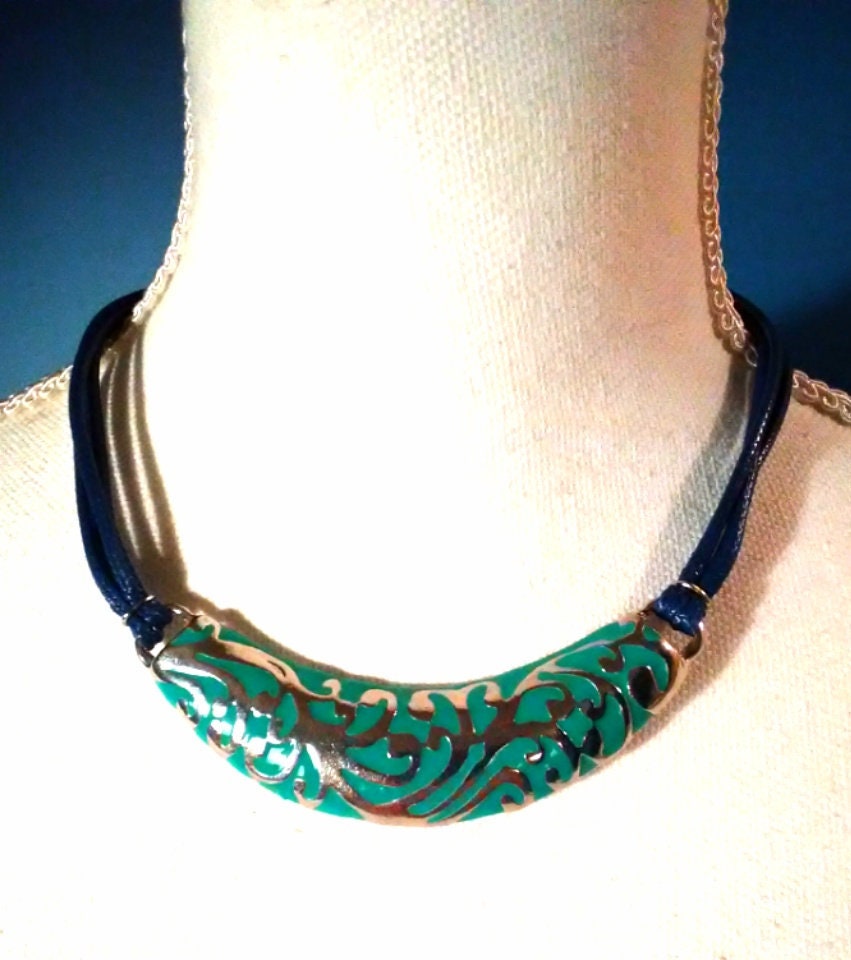 Lätzchen-Halskette - Handgemachte Blaues Leder Wachs Seil Nickel Mint Aqua von ForHerEarsOnly