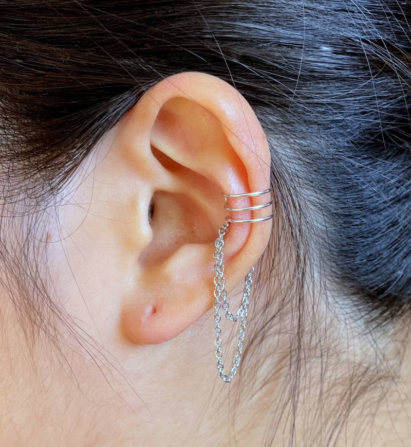 11 Keine Drei Bänder Piercing Mit Doppelkette Baumeln Ohrmanschette.minimalist 925 Sterling Silber, 14K Gold Gefüllt Ohrmanschette.fake Ohrmanschette von ForYourEar