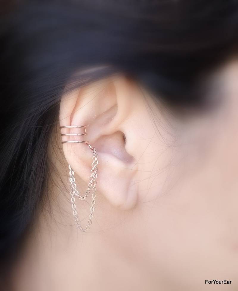 192 Minimalistisch Keine Piercing Dreifach Linien Mit Doppelkette Ear Cuff Rose Gold von ForYourEar