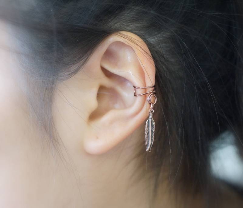 4 Doppelte Kleine Vogel-Feder-Ohrmanschette Antique Copper von ForYourEar