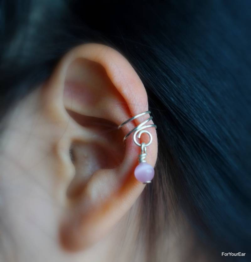 Minimalist Silber Ohrmanschette Pinke Katzenaugen Perle, Kein Piercing(135 von ForYourEar