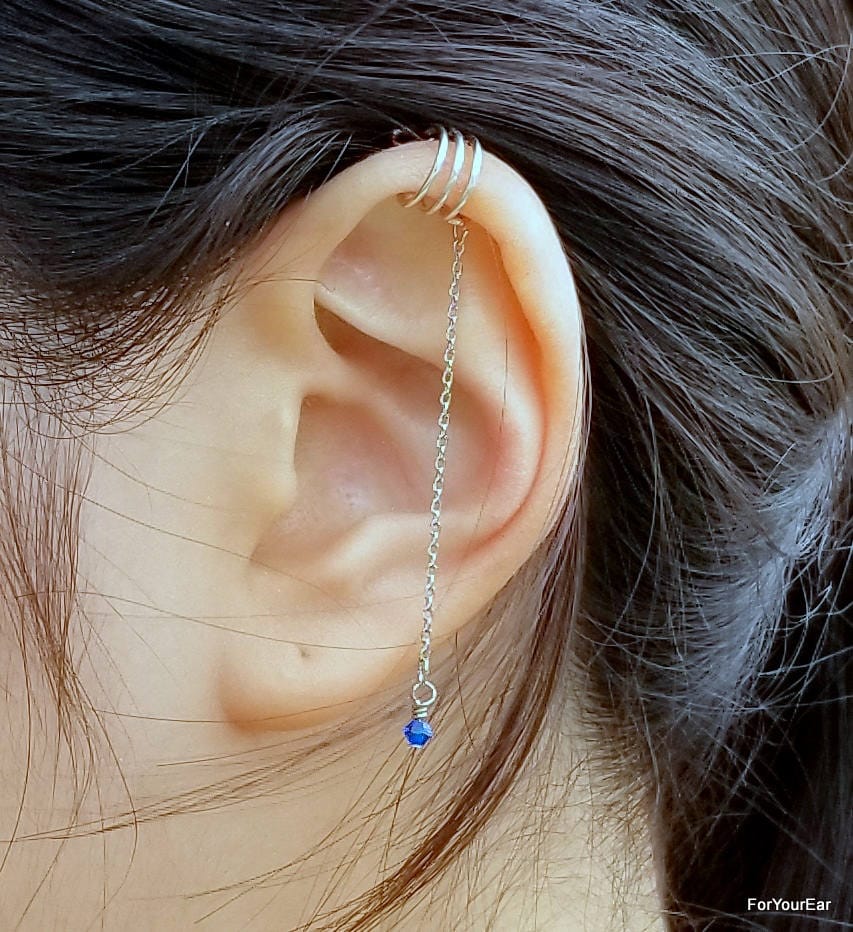 No Piercing Dreifach Bands Ear Cuff Mit Kette Und Swarovski Kristall Perle Für Das Obere Ohr.(172 von ForYourEar