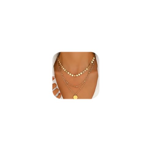 Forbabe 3 Stück Kette Gold Layering Halskette Damen 14K Goldkette Lange Ketten mit Anhänger Vintage Doppel Rund Plättchen Schmuck Mehrreihige Choker Set (Gold) von Forbabe
