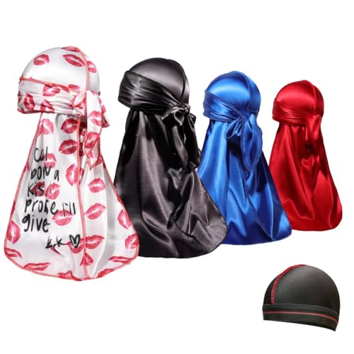 4 Stück Silky Durags for Men 360 Waves, Designer Do Rag, Award 1 Wave Cap - Blau - MEDIUM von ForceWave